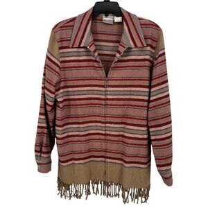 Rare Napa Valley Vintage Boho Fringe Blanket Jacket Striped Pink Red Tan women L